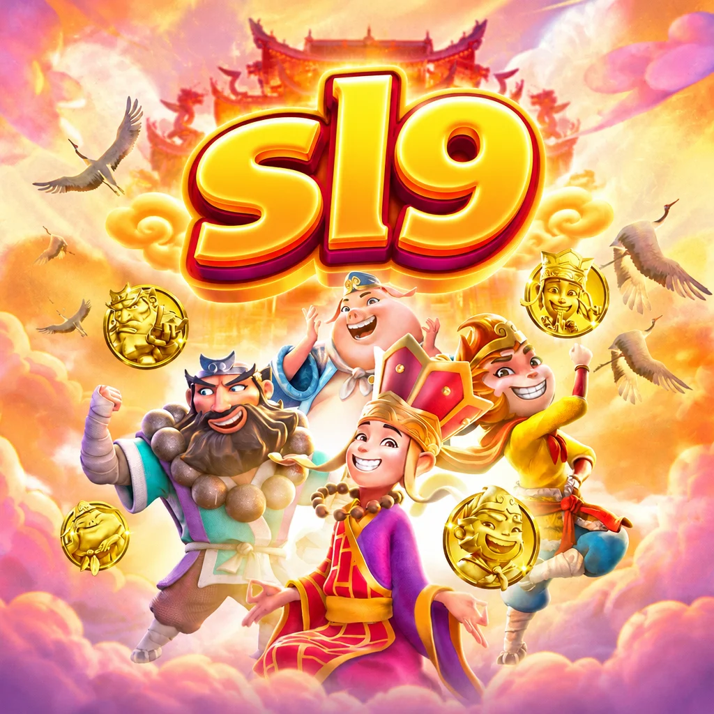 Karakter Journey to the Wealth dengan logo sl9 berlatar awan dan kuil