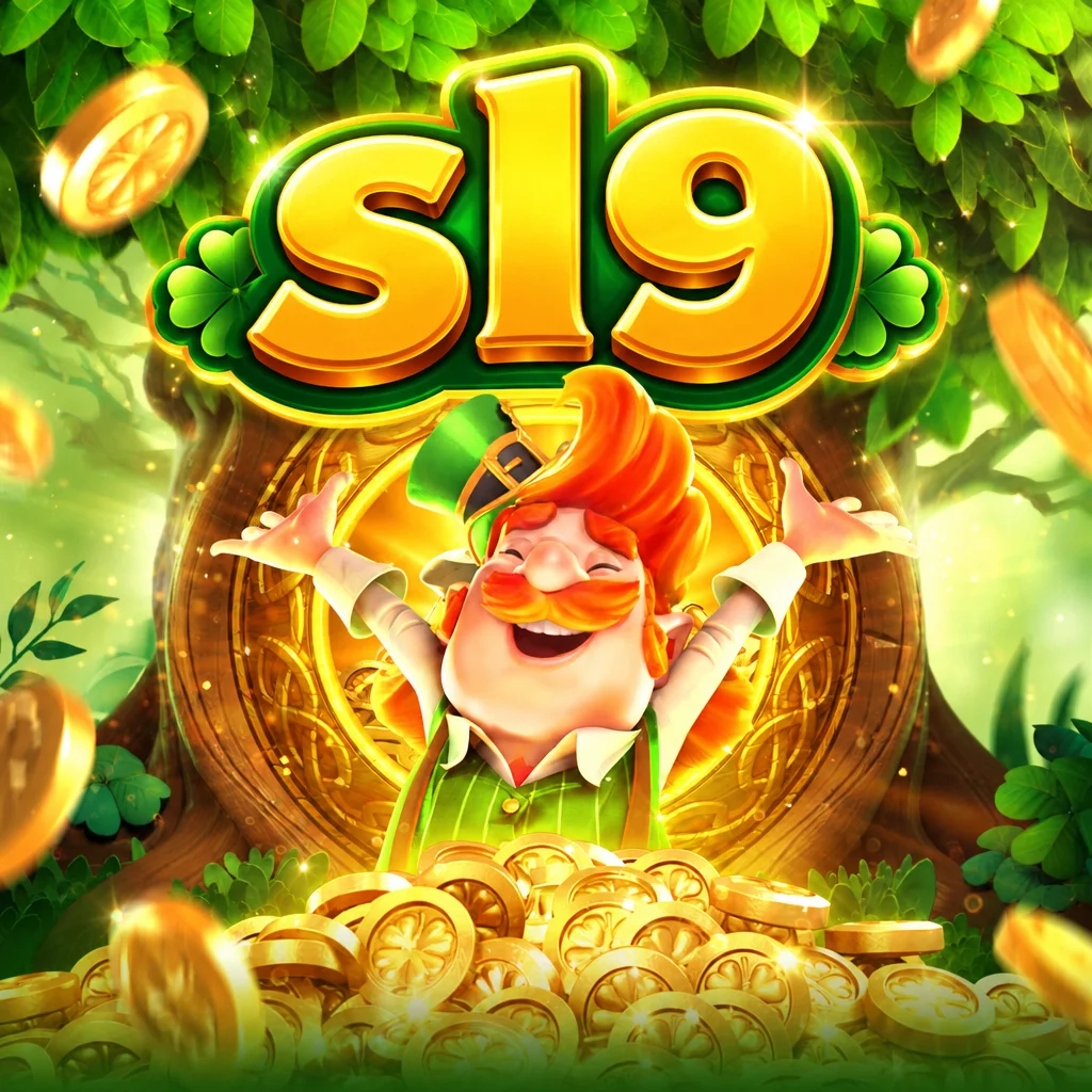 Karakter Leprechaun Riches dengan tumpukan koin emas dan logo sl9 di hutan hijau